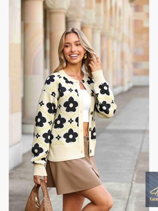 Floral Cardigan Sweater Long Sleeve Open Front Button Down Knit Retro - Picture 5 of 7